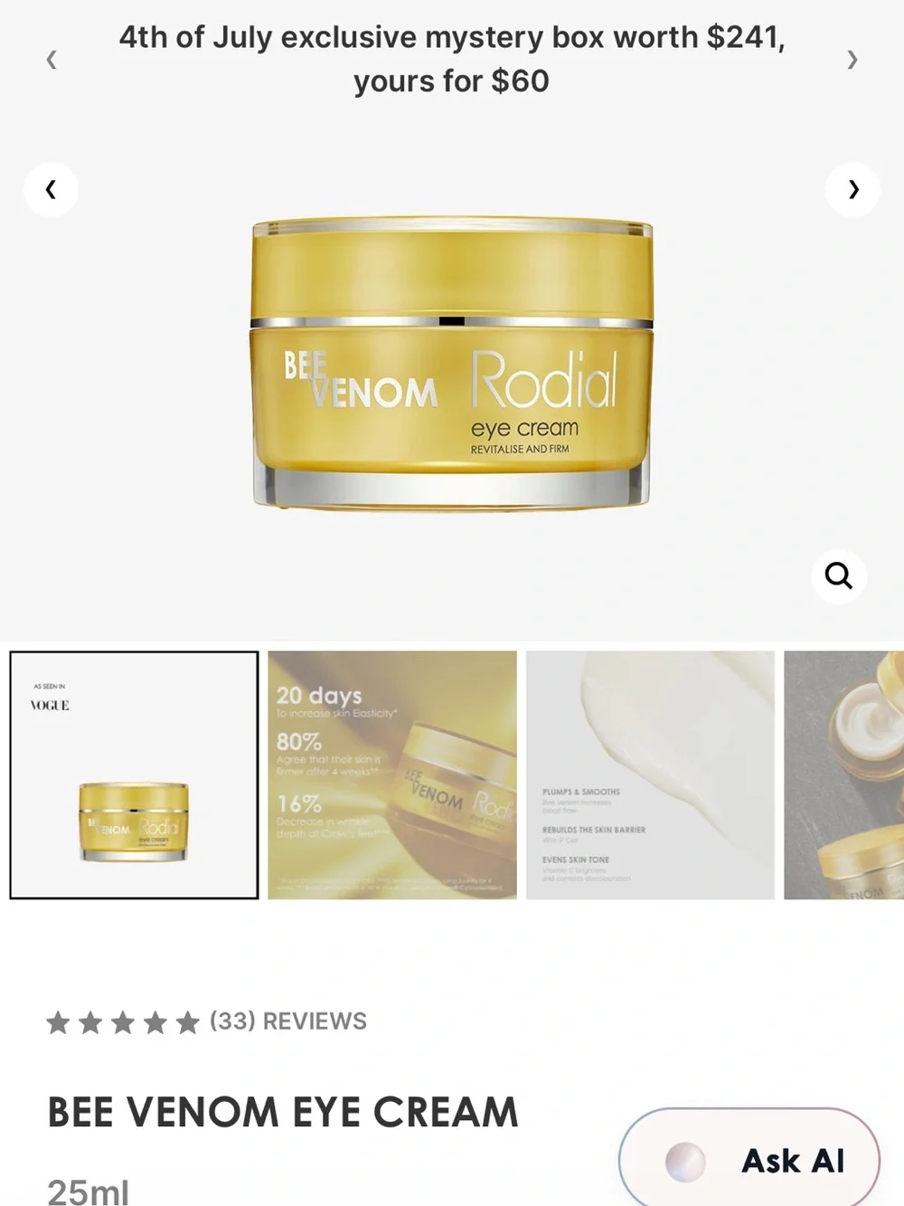 Rodial Bee Venom Eye Cream – Allure Beauty Box Exclusive Tube Packaging